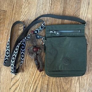 Kipling Olive Green Crossbody Bag with Patterned Strap